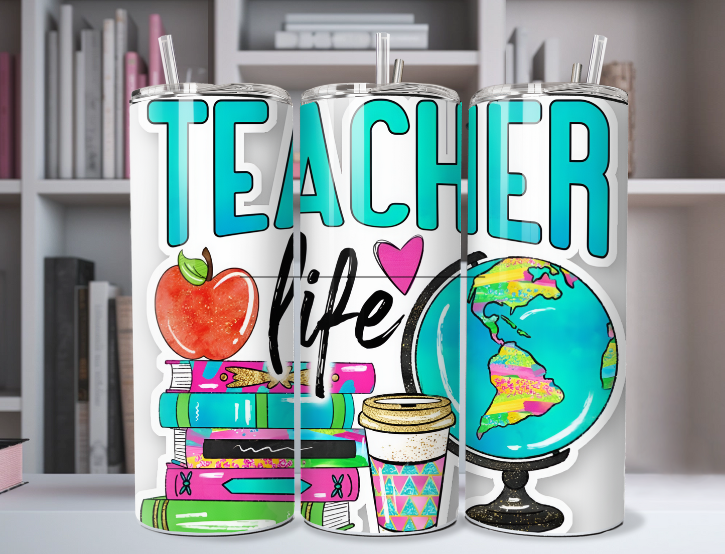 "Teacher Life" w/ Globe Apple 20oz Stainless Steel Tumbler