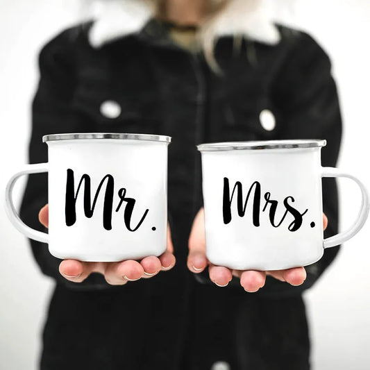 Mr and Mrs Mugs Cute Valentine's Day Gift His and Hers Lovers Camp Cup Husband and Wife Enamel Mug Gift for Couples