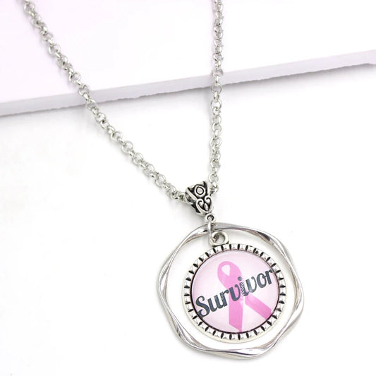 New Arrival Breast Cancer Awareness Jewelry Cabochon Necklace Breast Cancer Survivor Pink Ribbon Pendant Necklace Cancer Jewelry