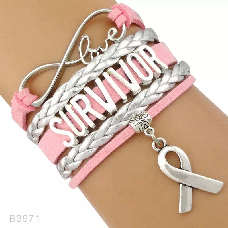 Love Faith Believe Hope Ribbon Pray for Breast Cancer Sucks Awareness Fighter Survivor Pink Leather Wrap Bracelets for Women