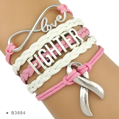 Love Faith Believe Hope Ribbon Pray for Breast Cancer Sucks Awareness Fighter Survivor Pink Leather Wrap Bracelets for Women