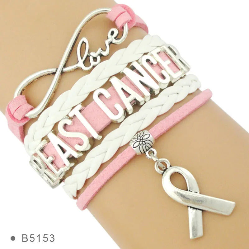 Love Faith Believe Hope Ribbon Pray for Breast Cancer Sucks Awareness Fighter Survivor Pink Leather Wrap Bracelets for Women