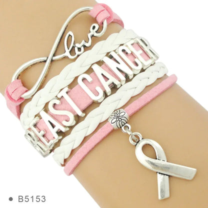 Love Faith Believe Hope Ribbon Pray for Breast Cancer Sucks Awareness Fighter Survivor Pink Leather Wrap Bracelets for Women