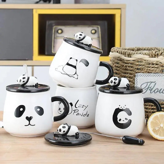 Ceramic Panda Mug Kit with Lid & Spoon - 500ml