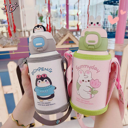 GIANXI Double Cover Toy Thermos Mug Stainless Steel Leak-Proof Straw Vacuum Flask Children Cartoon Thermal Water Bottle