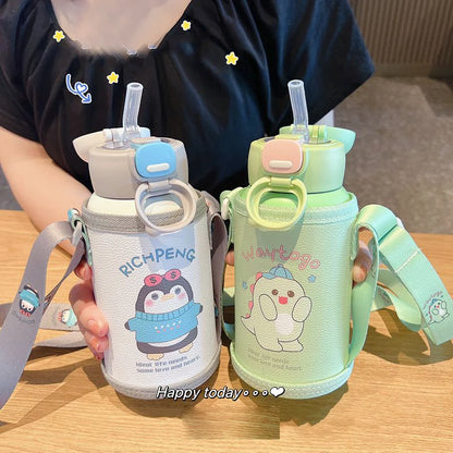 GIANXI Double Cover Toy Thermos Mug Stainless Steel Leak-Proof Straw Vacuum Flask Children Cartoon Thermal Water Bottle