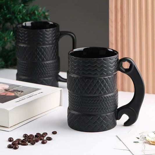 Cool Black Tire Shaped Frosted Ceramic Mug