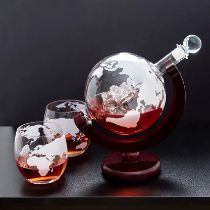 Creative Globe Decanter Set with Lead-free Carafe Exquisite Wood-stand and 2 Whisky Glasses Whiskey Decanter Globe Grade Gift