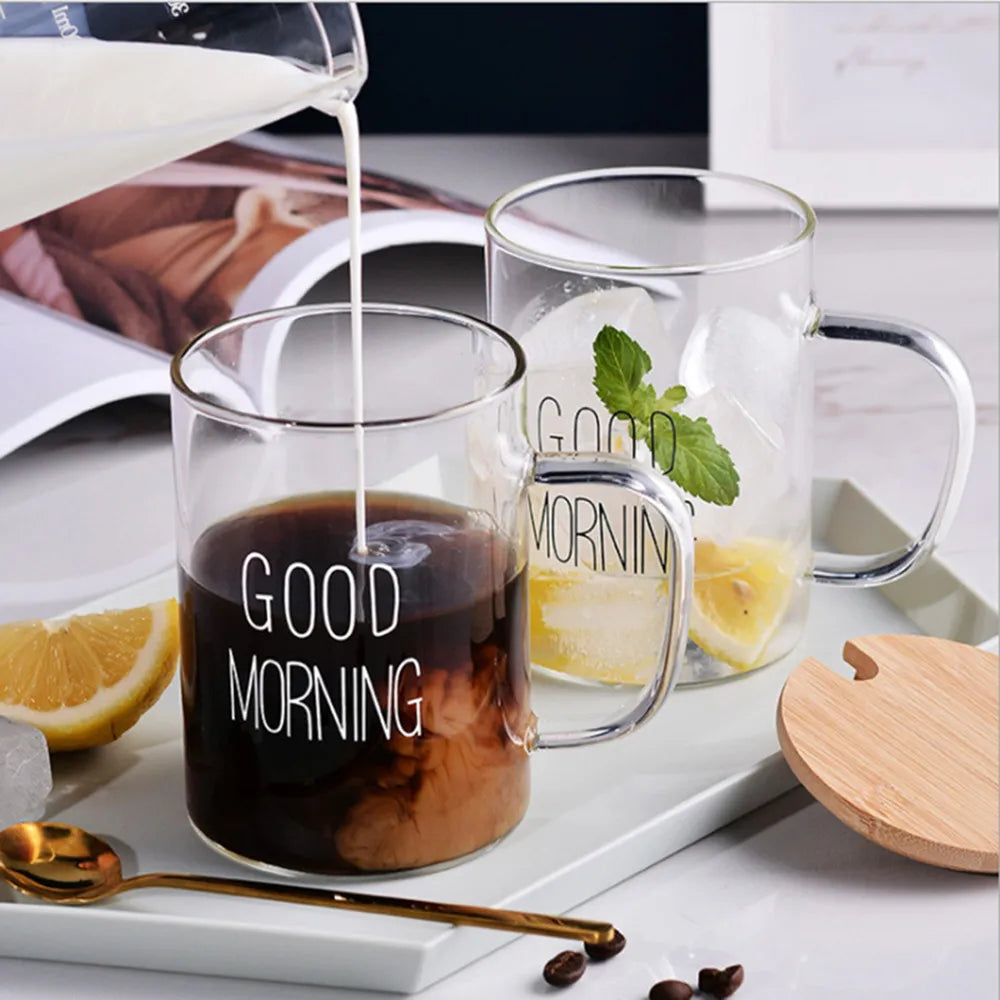 Good Morning Glass Mug Coffee Milk Breakfast Cup Tumbler with Handle Transparent Drinkware Household Gift for Children Set