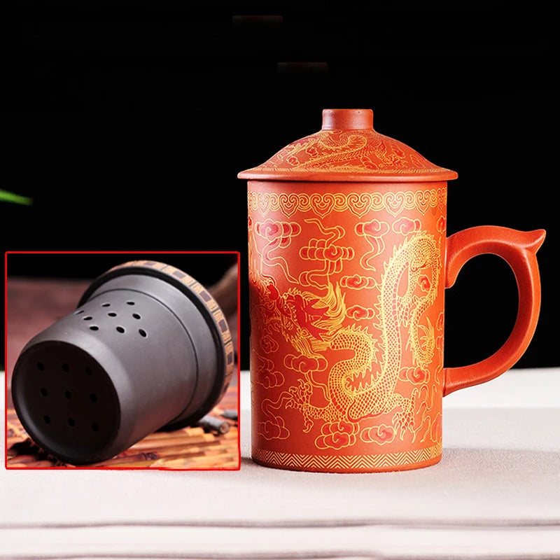 Traditional Chinese Dragon Purple Clay Tea Mug with Lid Strainer Retro Handmade Yixing Tea Cup Zisha Teacup Gift Mug Tumbler