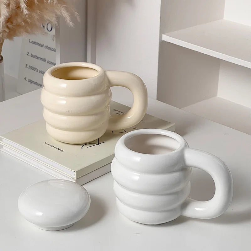 White ceramic Mug with lid Household water cup with lid Large capacity breakfast cup Milk cup Couple cup mugs coffee cups  mug