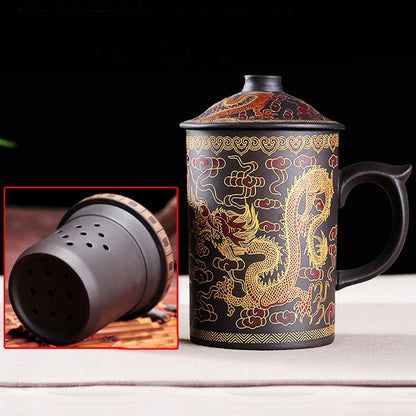 Traditional Chinese Dragon Purple Clay Tea Mug with Lid Strainer Retro Handmade Yixing Tea Cup Zisha Teacup Gift Mug Tumbler