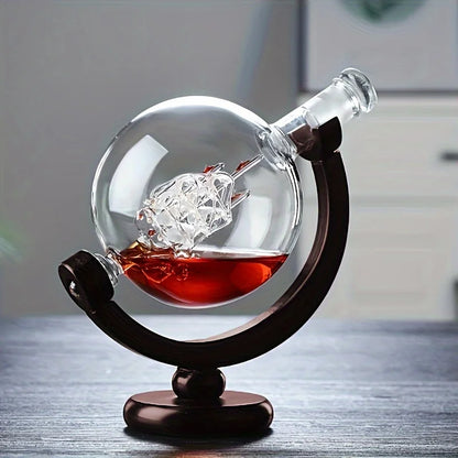 Creative Globe Decanter Set with Lead-free Carafe Exquisite Wood-stand and 2 Whisky Glasses Whiskey Decanter Globe Grade Gift