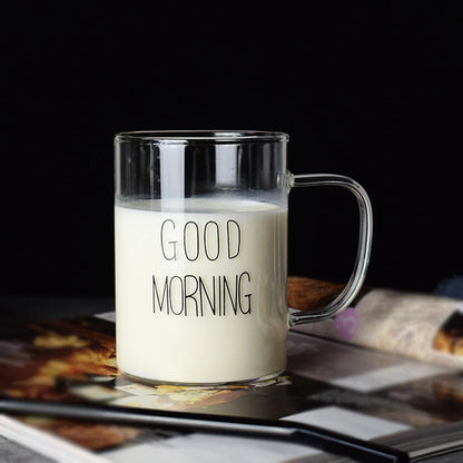 Good Morning Glass Mug Coffee Milk Breakfast Cup Tumbler with Handle Transparent Drinkware Household Gift for Children Set