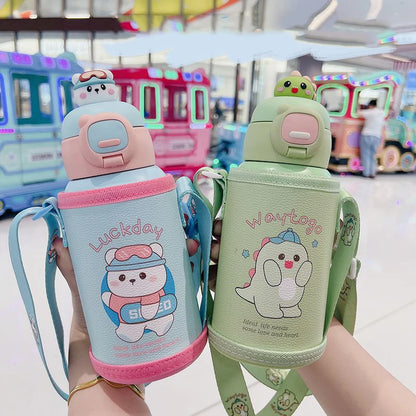 GIANXI Double Cover Toy Thermos Mug Stainless Steel Leak-Proof Straw Vacuum Flask Children Cartoon Thermal Water Bottle