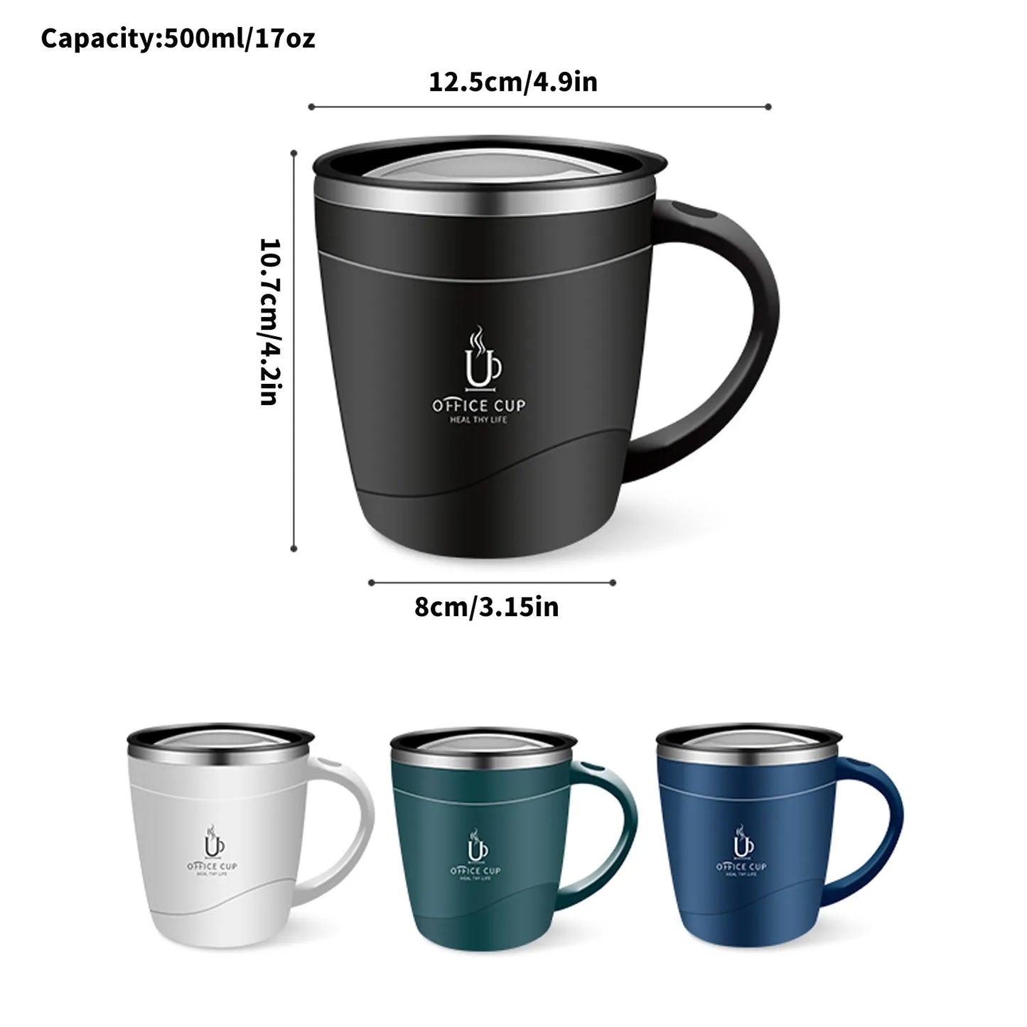 500ml "Office Cup" Mug with Lid - Stainless Steel