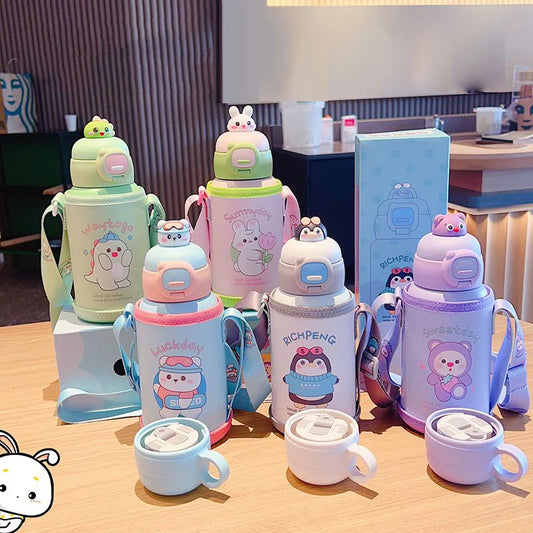 GIANXI Double Cover Toy Thermos Mug Stainless Steel Leak-Proof Straw Vacuum Flask Children Cartoon Thermal Water Bottle