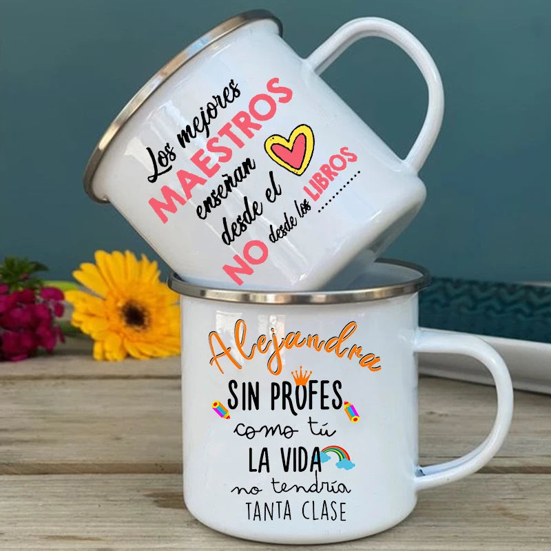 Teacher Life Enamel Mugs Spanish Print Mug Coffee Tea Cups Drinks Water Cup School Home Handle Drinkware Best Gifts for Teacher